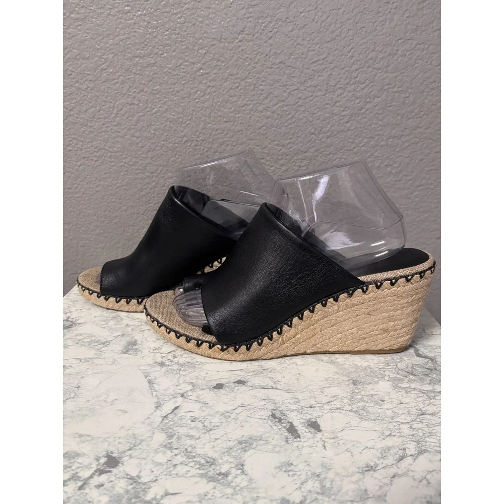 Vince. Womens 9M Espadrille Wedge Sandals Black Leather Jute Whipstitch Boho